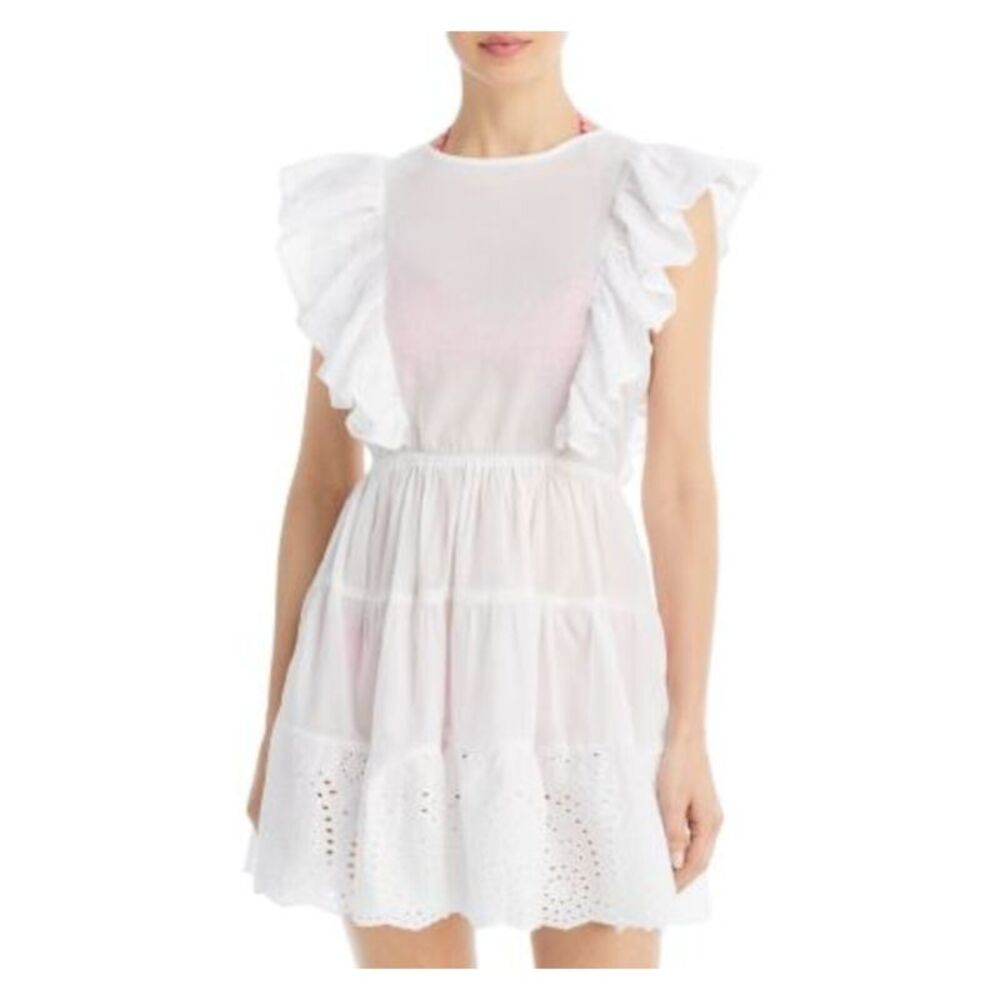 AQUA SWIM Women's White Eyelet Cutout Ruffled Flutter Swimsuit Cover Up M